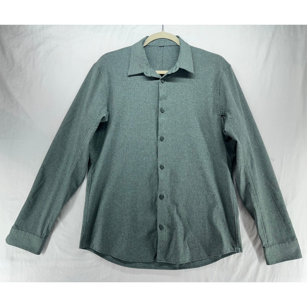 Lululemon Mens Long Sleeve Button Down Shirt Sage Green Grid Pattern Size Medium